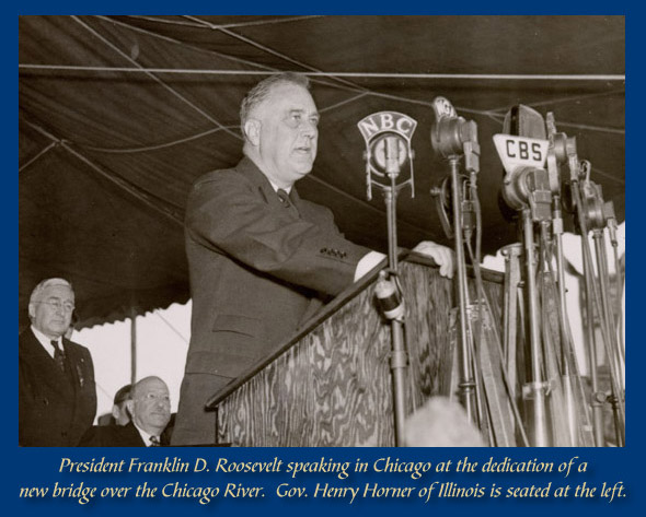President Roosevelt speaking in Illinois with Governor Henry Horner seated on the left.